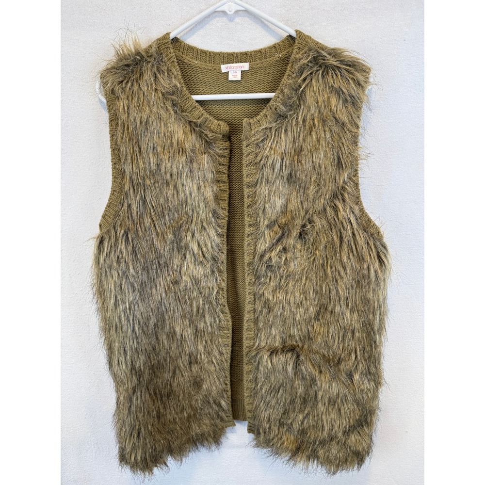 Xhilaration Faux Fur Vest Olive Green Knit Back Open Front Lined L RN17730